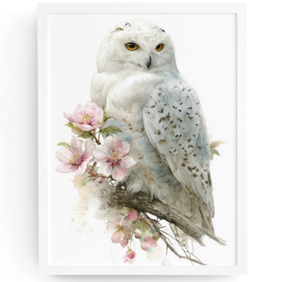 Watercolor Snowy Owl with Flowers Portrait Wall Art Print, Unframed - Enchanting - Picture 1 of 6